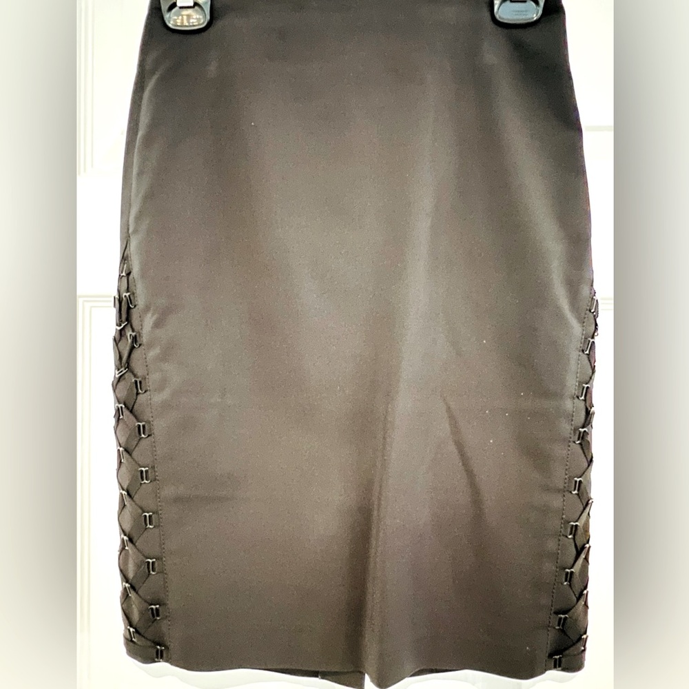 Sandra Augelazzi black pencil skirt, back zipper, design details on both sides